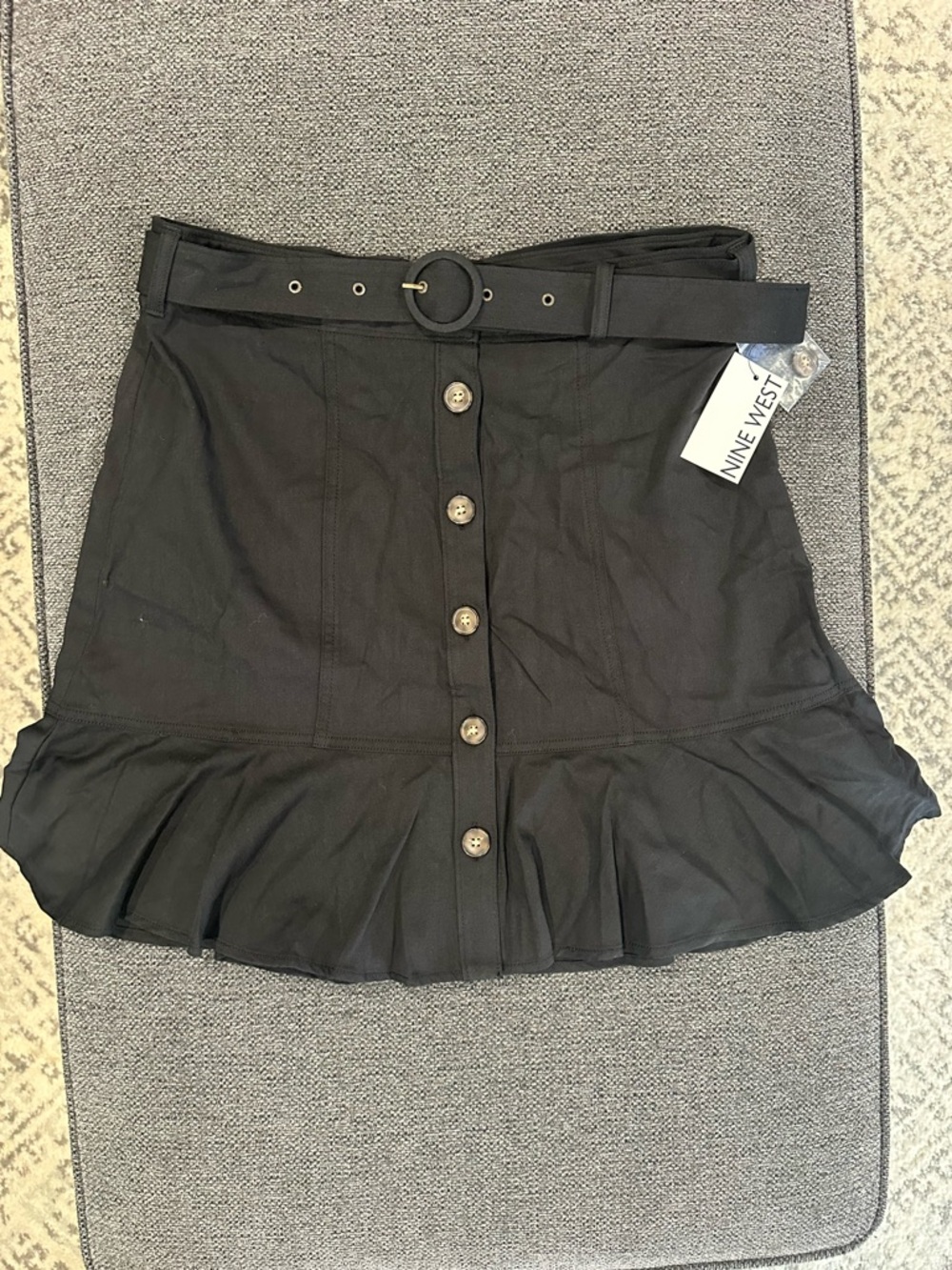 Nine West Black Button-Front Mini Skirt with Belt and Ruffle Hem